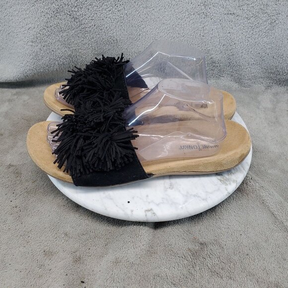 Minnetonka Shoes Womens Size 11 Black Suede Tricia Fringe Slide Sandals - Picture 1 of 10